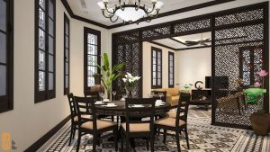 Thiết kế nội thất tinh tế phòng khách phong cách Đông Dương