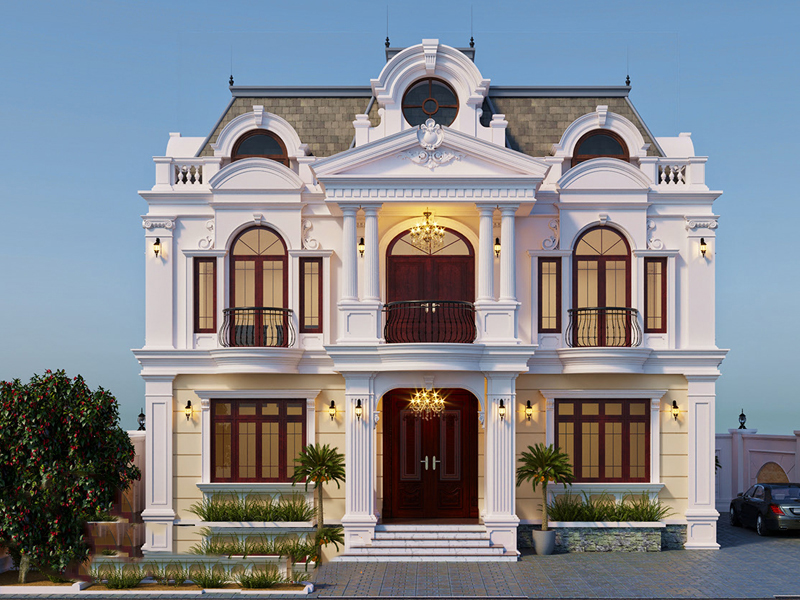 Thiết kế nhà biệt thự 3 tầng mái sansard đặc trưng của phong cách cổ điển.